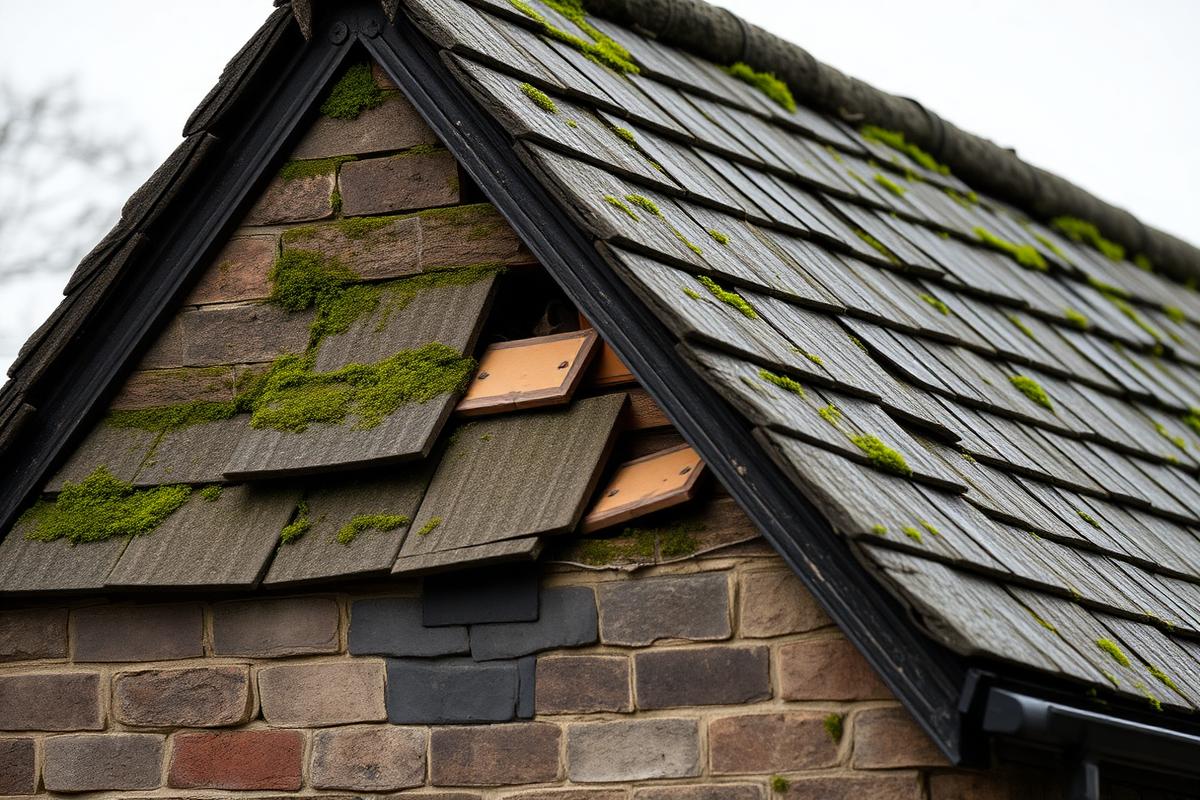 Worn slate roof with slipped and mossy slates before replacement