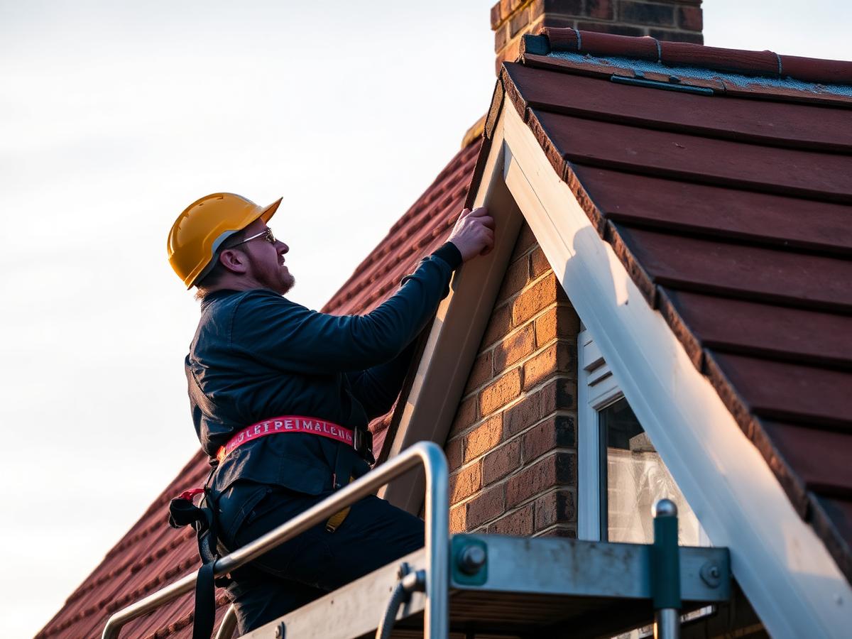 Roofer fitting fascia boards on scaffolding